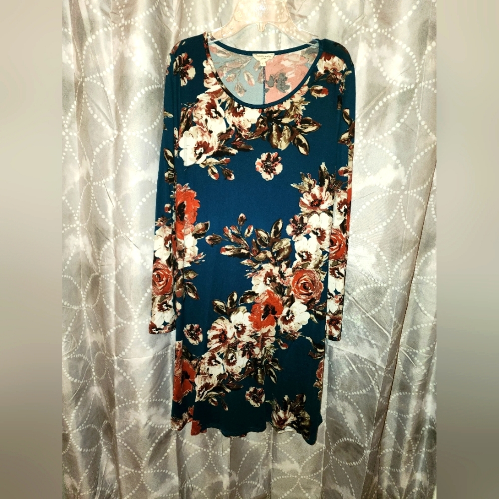 Women's Sweet Lovely dress, size Large, dark teal green floral, with pockets